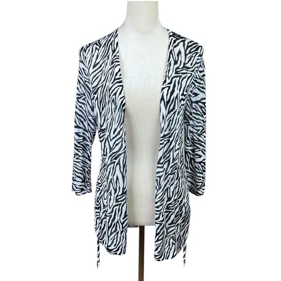 Chico’s 1 Rita Side Ruched Zebra Thin Knit Lightweight Open Layering Cardigan - Picture 4 of 16